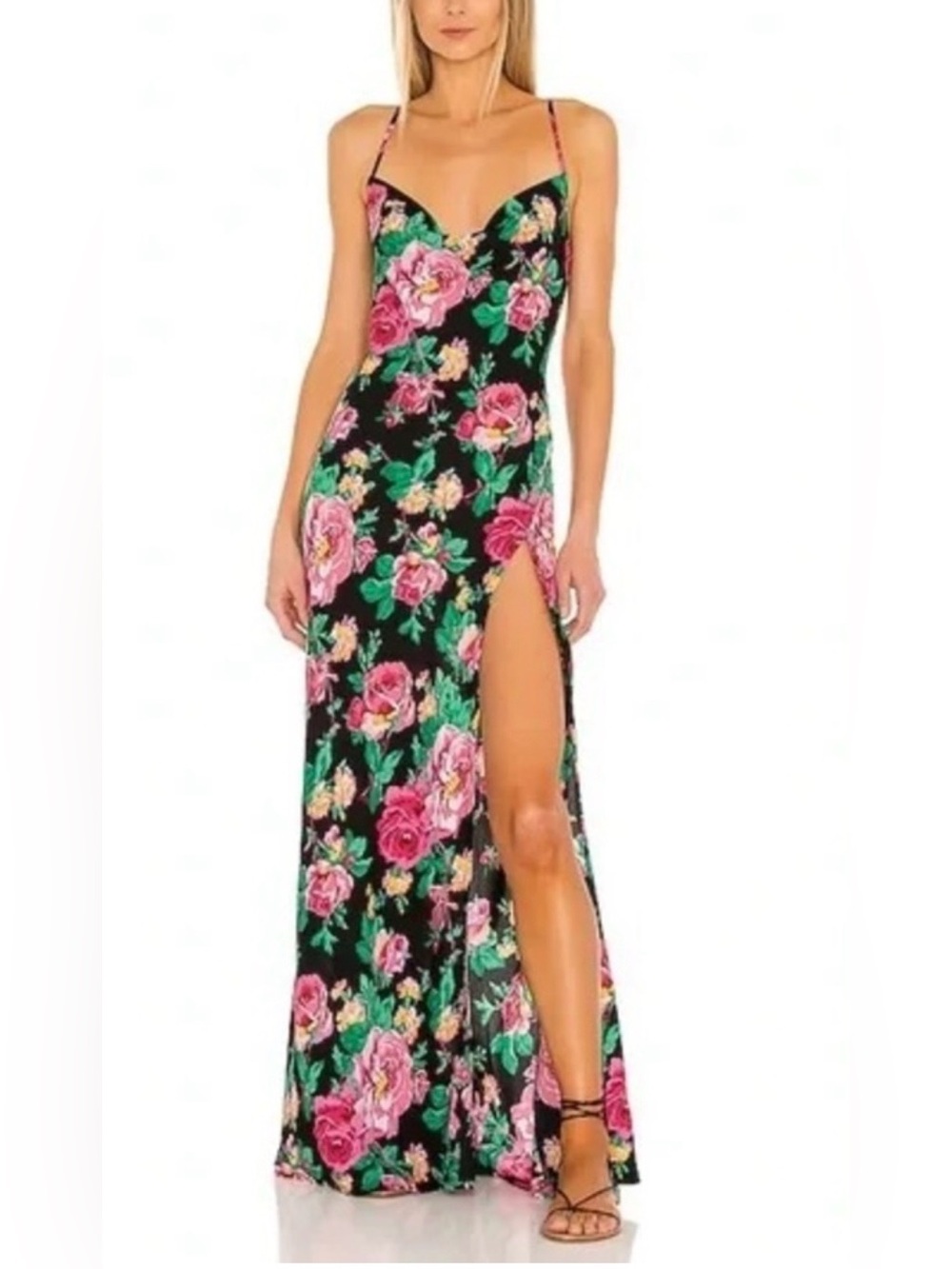 For Love & Lemons Becca Black Floral Maxi Slip Dress with Pink Roses - Picture 1 of 7
